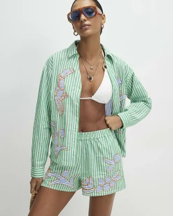 Green Cotton Striped Toucan Beaded Shorts