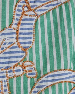 Green Cotton Striped Toucan Beaded Shorts