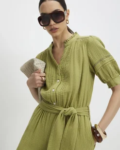 Green Cotton Textured Jumpsuit