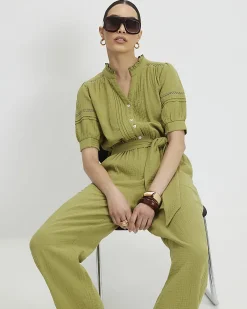 Green Cotton Textured Jumpsuit