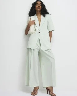 Green Crop Sleeve Pocket Blazer