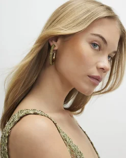 Green Diamante Hoop Earrings