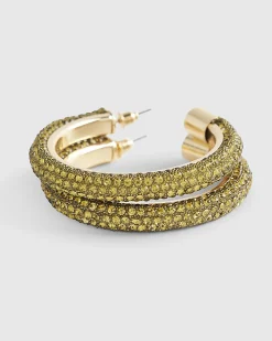 Green Diamante Hoop Earrings