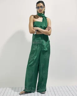 Green Embellished Wide Leg Trousers