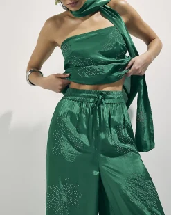 Green Embellished Wide Leg Trousers