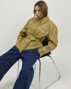 Green Faux Leather Belted Jacket