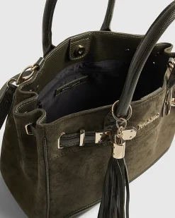 Green Faux Suede Lock Front Tote Bag