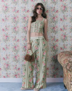 Green Floral High Waisted Wide Leg Trousers