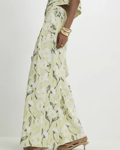 Green Floral Linen Blend Wide Leg Trousers