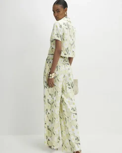 Green Floral Linen Blend Wide Leg Trousers