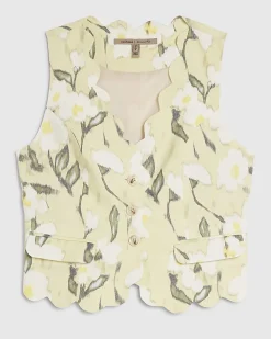 Green Floral Linen Blend Waistcoat
