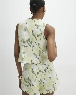 Green Floral Linen Blend Waistcoat