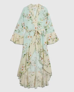 Green Floral Print Waterfall Hem Robe