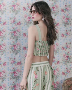 Green Floral Ruffle Trim Corset Top