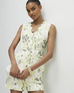 Green Floral Scalloped Linen Blend Mini Dress