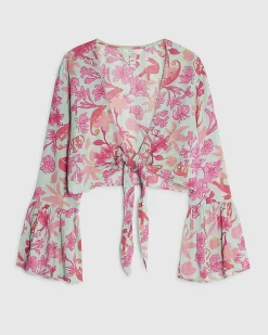 Green Floral Tie Front Floaty Beach Top