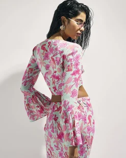 Green Floral Tie Front Floaty Beach Top