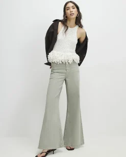 Green High Waisted Wide Flared Leg Jeans