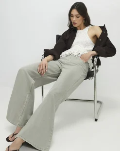 Green High Waisted Wide Flared Leg Jeans