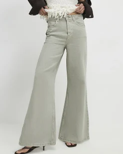 Green High Waisted Wide Flared Leg Jeans
