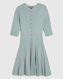 Green Knitted Pointelle Skater Mini Dress