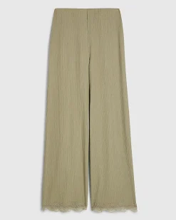 Green Lace Trim Textured Wide Leg Trousers