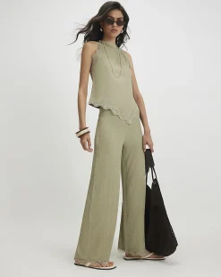 Green Lace Trim Textured Wide Leg Trousers
