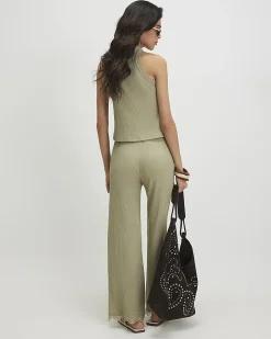 Green Lace Trim Textured Wide Leg Trousers