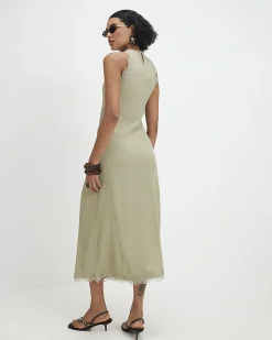 Green Lace Trim Textured Midi Dress