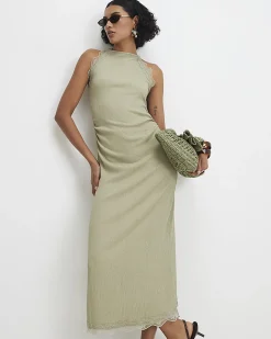 Green Lace Trim Textured Midi Dress