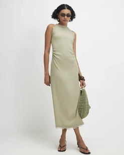 Green Lace Trim Textured Midi Dress