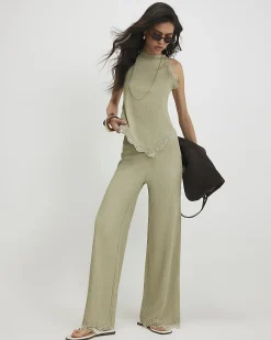 Green Lace Trim Textured Halter Neck Top