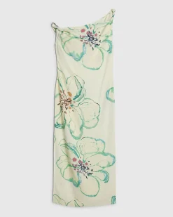 Green Linen Blend Asymmetric Midi Dress