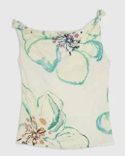 Green Linen Blend Asymmetric One Shoulder Top