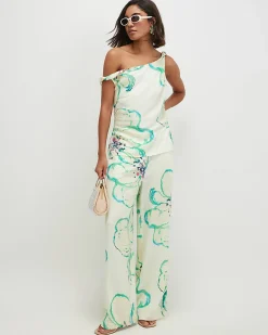 Green Linen Blend Asymmetric One Shoulder Top