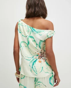 Green Linen Blend Asymmetric One Shoulder Top