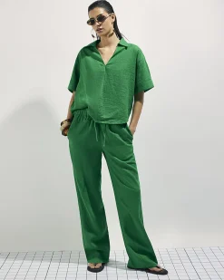 Green Linen Blend Drawstring Tapered Trousers