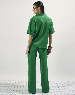 Green Linen Blend Drawstring Tapered Trousers