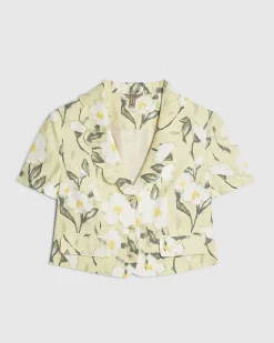Green Linen Blend Floral Scallop Trim Jacket