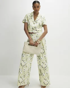 Green Linen Blend Floral Scallop Trim Jacket
