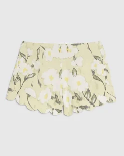 Green Linen Blend Floral Scallop Shorts