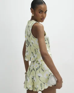 Green Linen Blend Floral Scallop Shorts