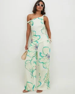 Green Linen Blend Printed Wide Leg Trousers