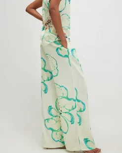 Green Linen Blend Printed Wide Leg Trousers