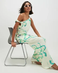 Green Linen Blend Printed Wide Leg Trousers