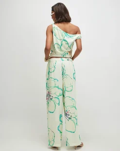 Green Linen Blend Printed Wide Leg Trousers