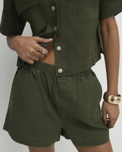 Green Linen Blend Pull On Shorts