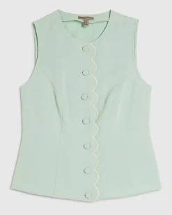 Green Linen Blend Scallop Trim Waistcoat