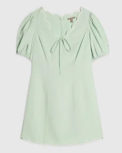 Green Linen Blend Scallop Trim Mini Dress