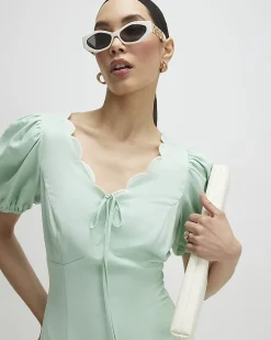 Green Linen Blend Scallop Trim Mini Dress